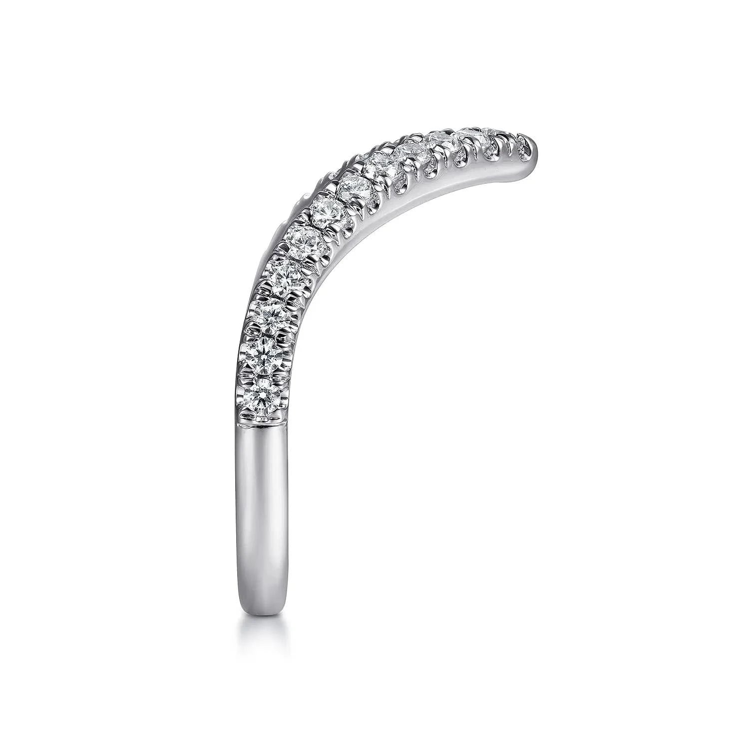 white gold diamond curved band side view on a white background