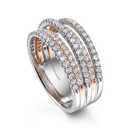 diamond rings with rose gold and white gold bands on a white background