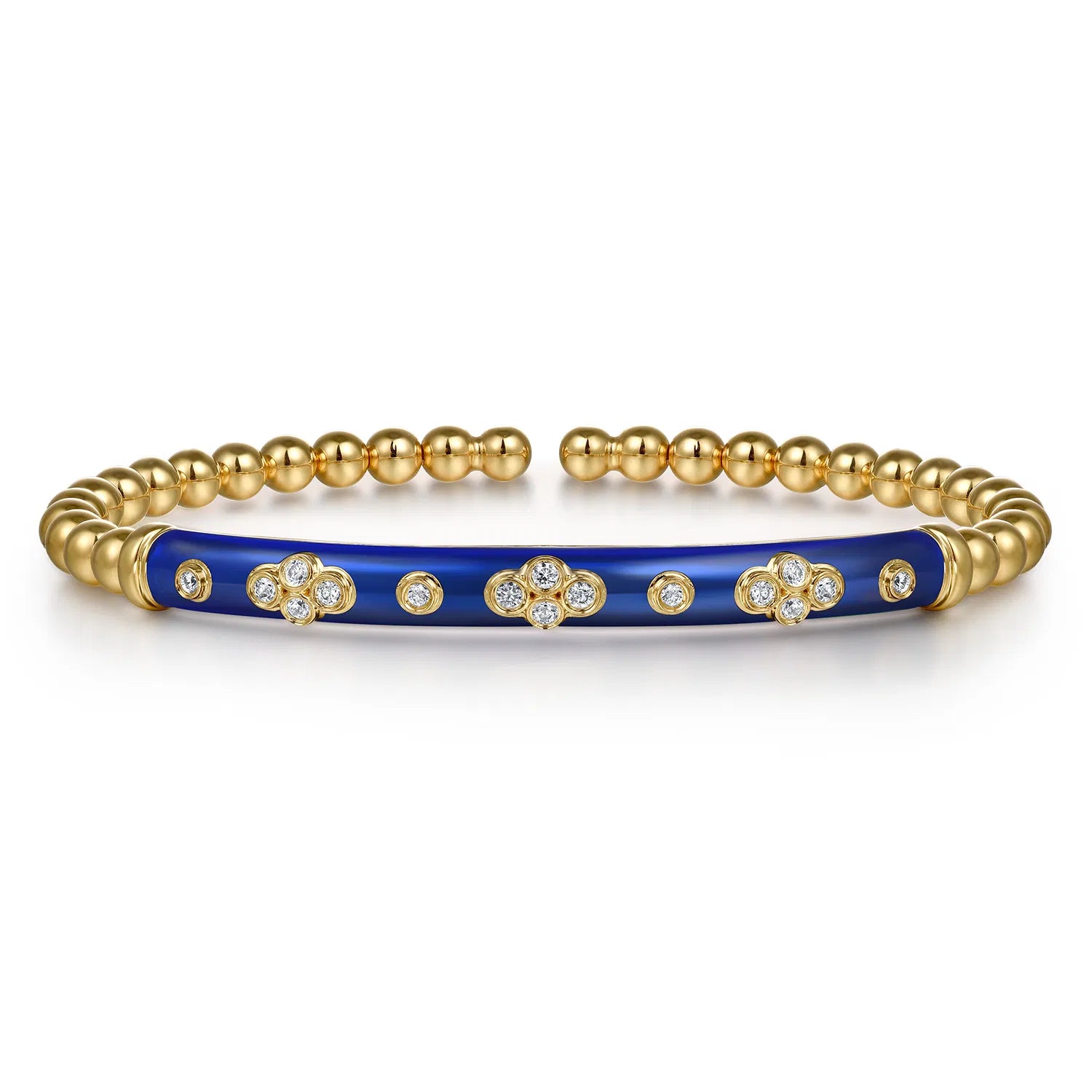 Gold and blue enamel bracelet with floral designs and diamonds on a white background