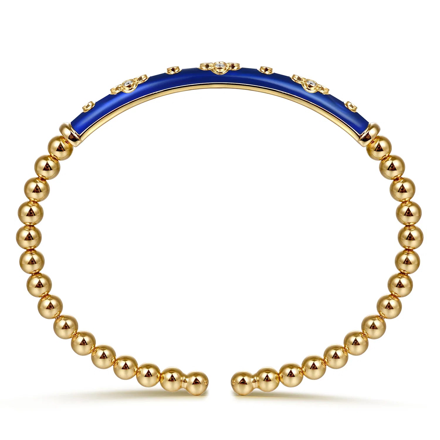 Gold beaded bracelet with a blue accent on a white background side view