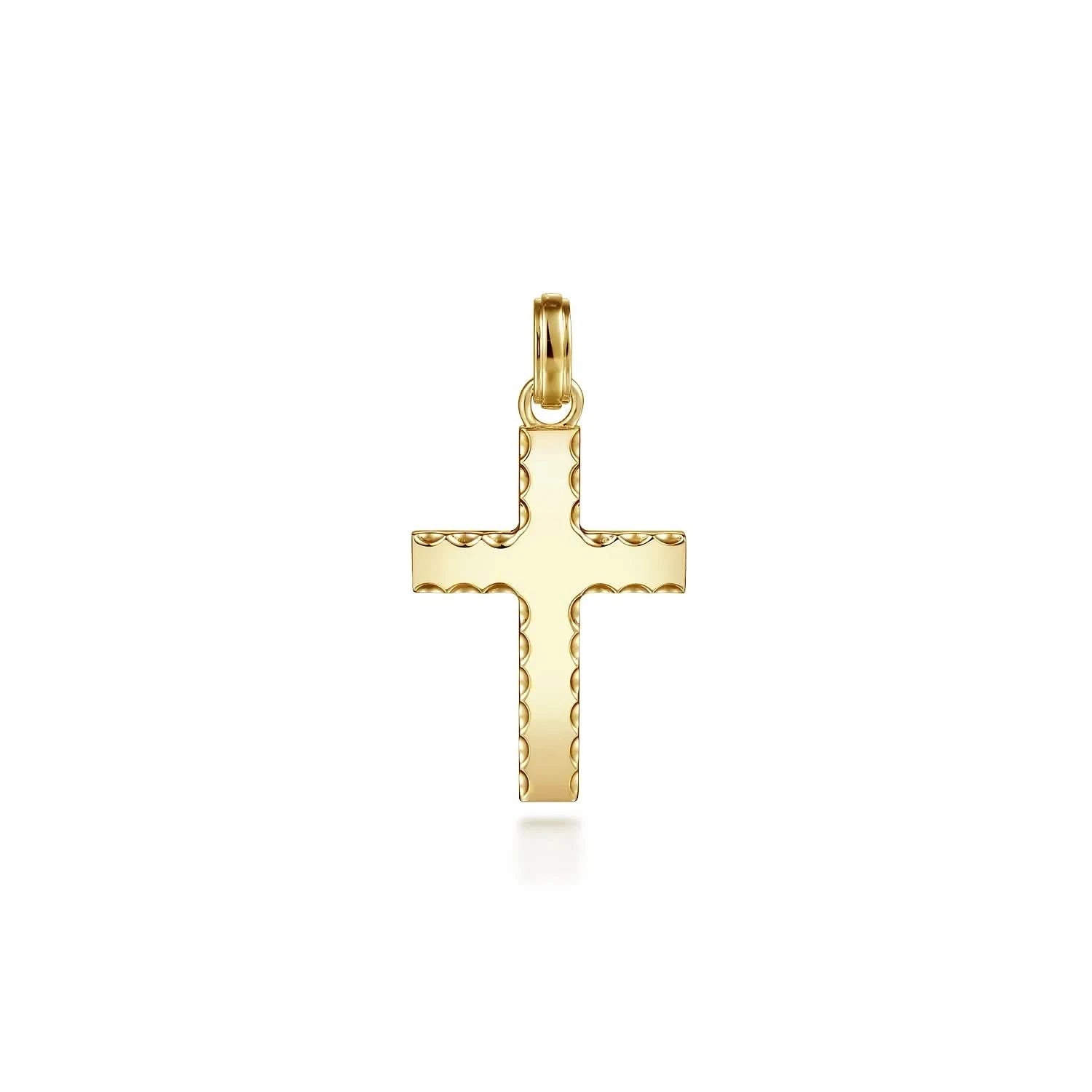 A front view of the Gabriel &amp; Co. 14k yellow gold cross pendant (Reference PCM6534Y4JJJ) showcasing a smooth, high-polish Latin design with distinct, light-reflecting beveled edges and an integrated top bail on a crisp white background.