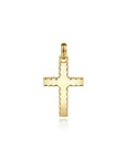 A front view of the Gabriel & Co. 14k yellow gold cross pendant (Reference PCM6534Y4JJJ) showcasing a smooth, high-polish Latin design with distinct, light-reflecting beveled edges and an integrated top bail on a crisp white background.