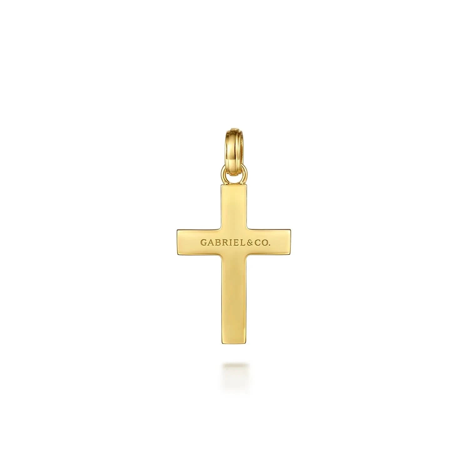 back view of Gold cross pendant with 'GABRIEL &amp; CO.' engraving on a white background