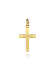 back view of Gold cross pendant with 'GABRIEL & CO.' engraving on a white background