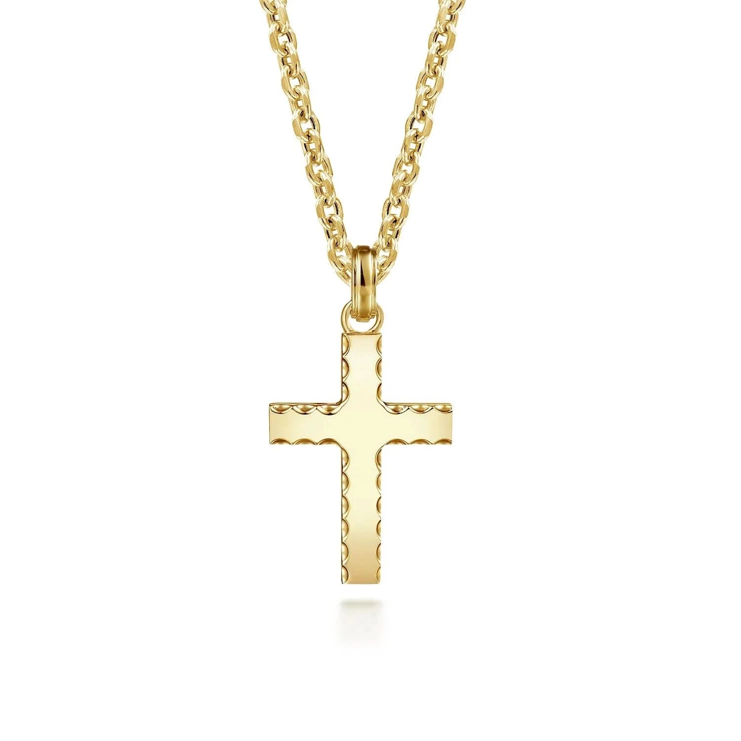 Gold beveled  cross necklace shown on chain on a white background