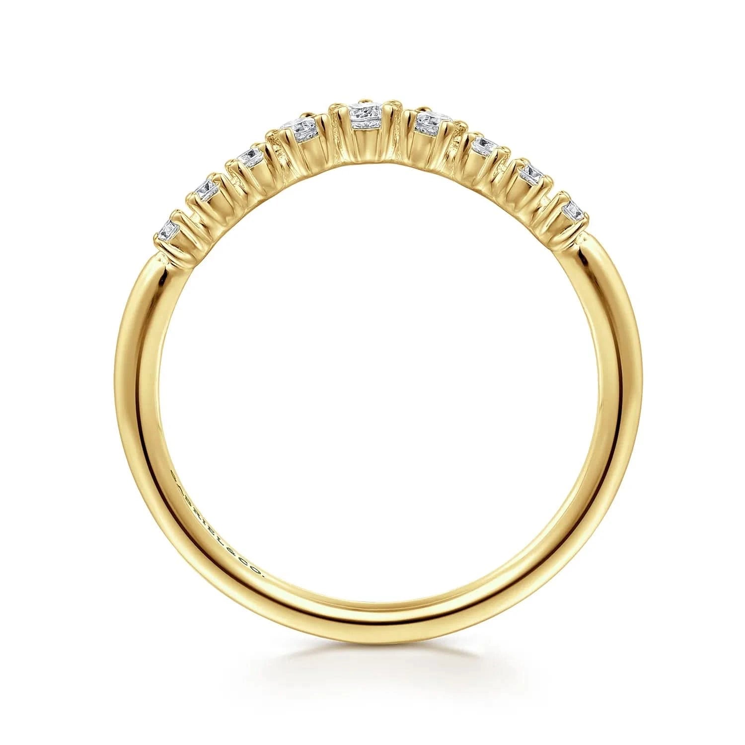 Gold ring with small diamonds on a white background- side shank view 