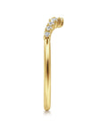 Gold earring with diamonds on a white background side shank view to showcase contour