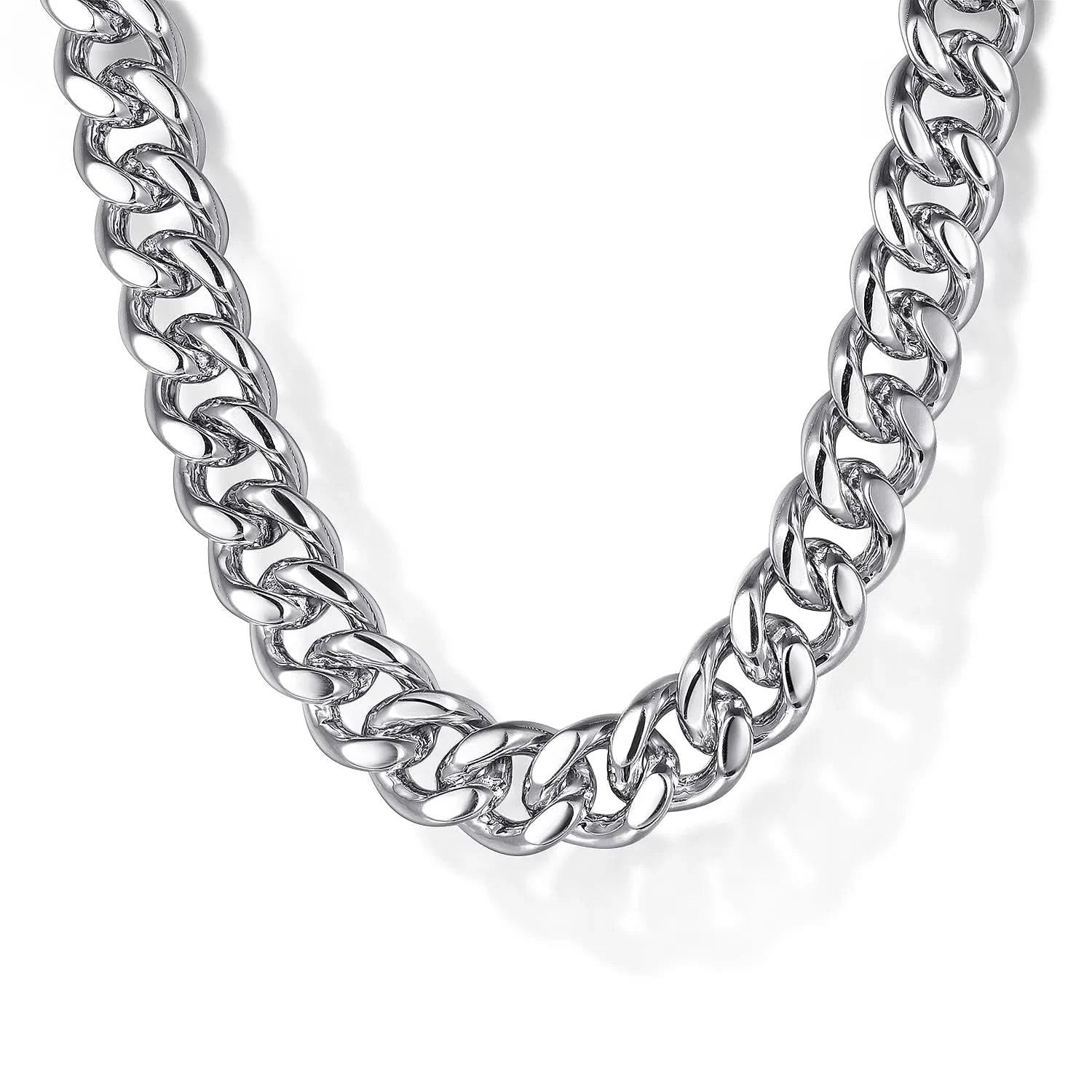 A front view of the Gabriel &amp; Co. men's solid 925 sterling silver 7mm Cuban link chain necklace (Reference NKM2075-22SVJJJ) in a 22-inch length, showcasing its flat, interlocking links with highly polished diamond-cut faceted edges and a signature lobster clasp on a clean white background.