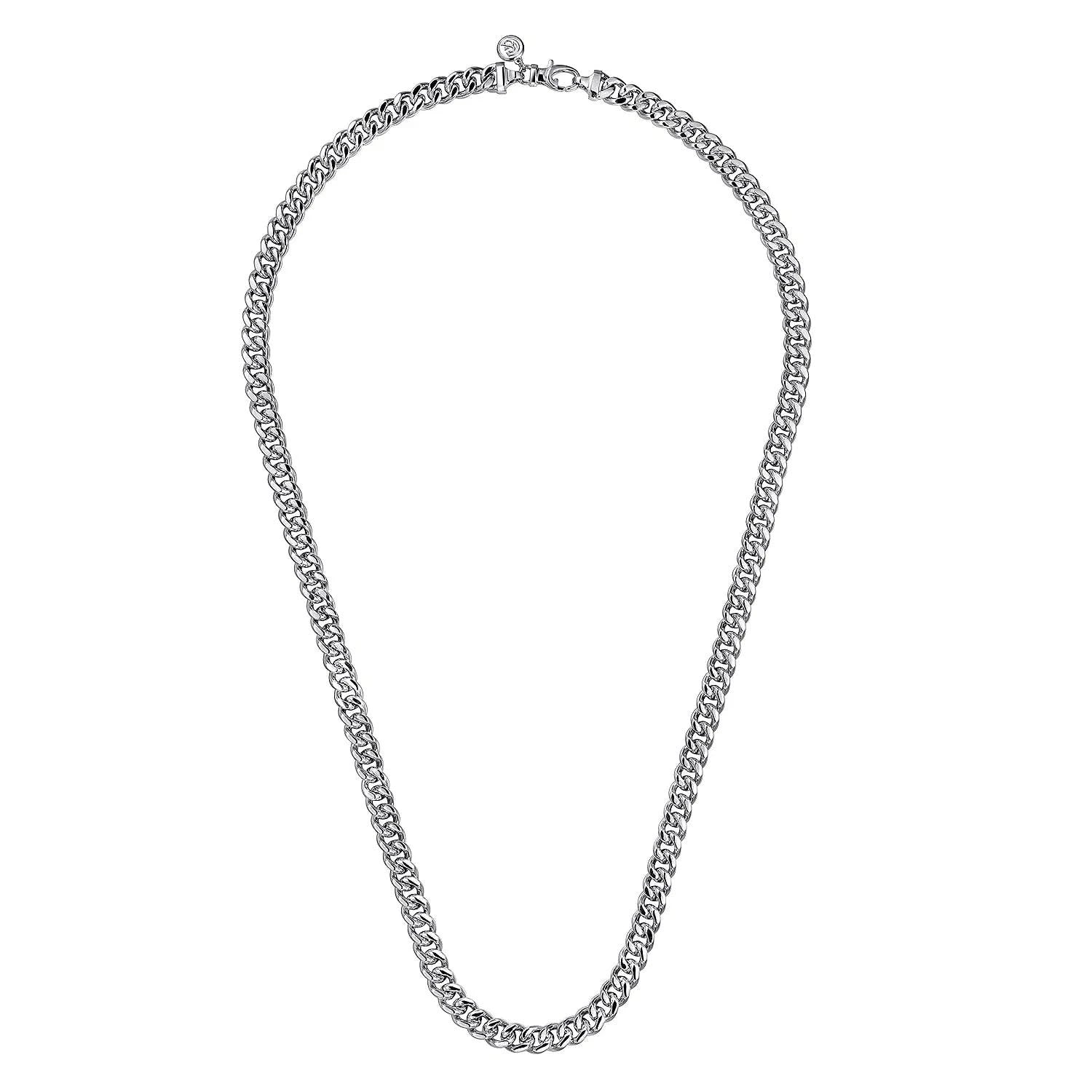 Silver curb chain necklace on a white background