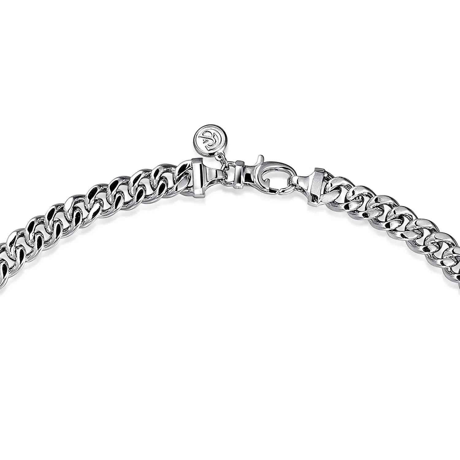 Silver chain clasp up close on a white background