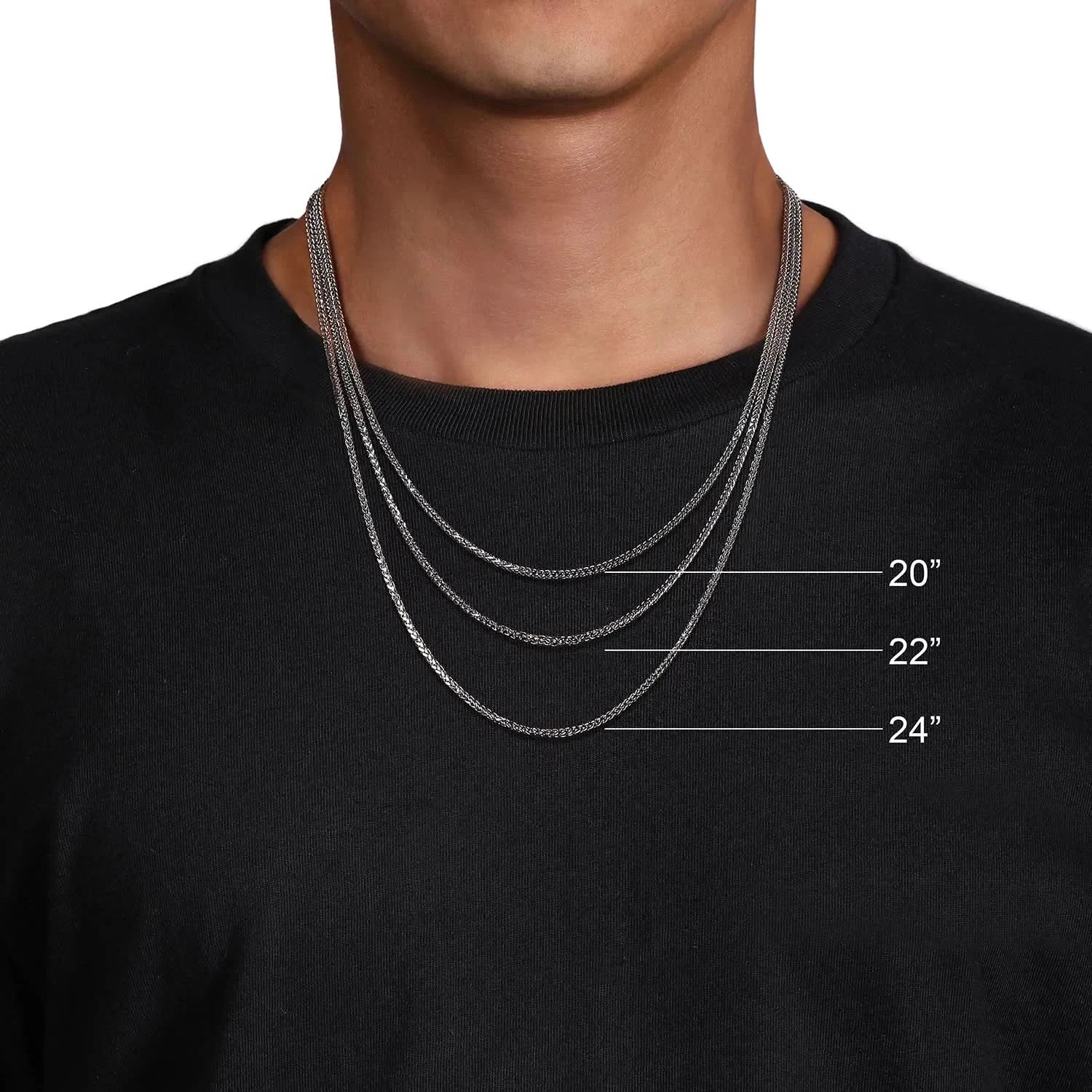Silver chain necklaces displayed on a person wearing a black shirt with measurements indicated.