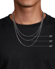 Silver chain necklaces displayed on a person wearing a black shirt with measurements indicated.