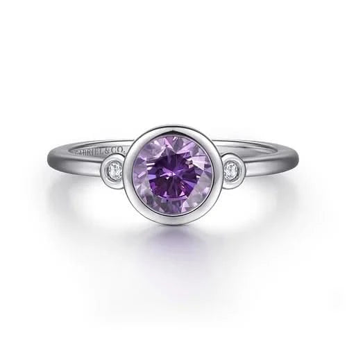 Gabriel&Co Amethyst and Diamond Silver Bezel Ring