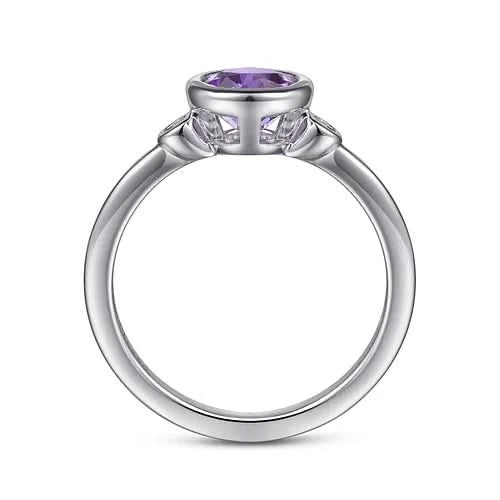 Gabriel&Co Amethyst and Diamond Silver Bezel Ring