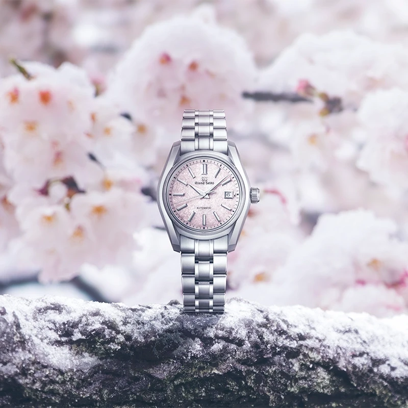 Silver watch on a snowy surface with cherry blossoms in the background
