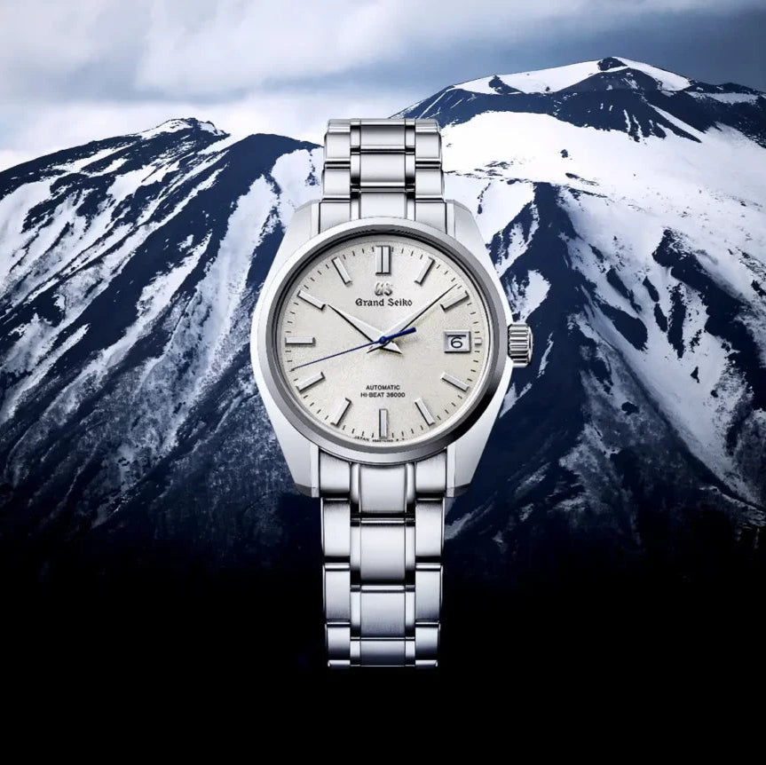 Silver watch with a mountainous landscape in the background
