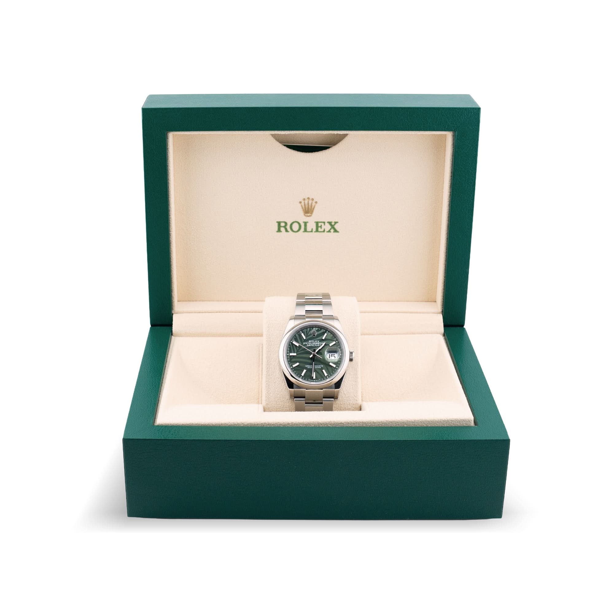 Pre-Owned Rolex Datejust 36 Olive Green Palm Dial Oyster Bracelet – 126200 - Skeie's Jewelers