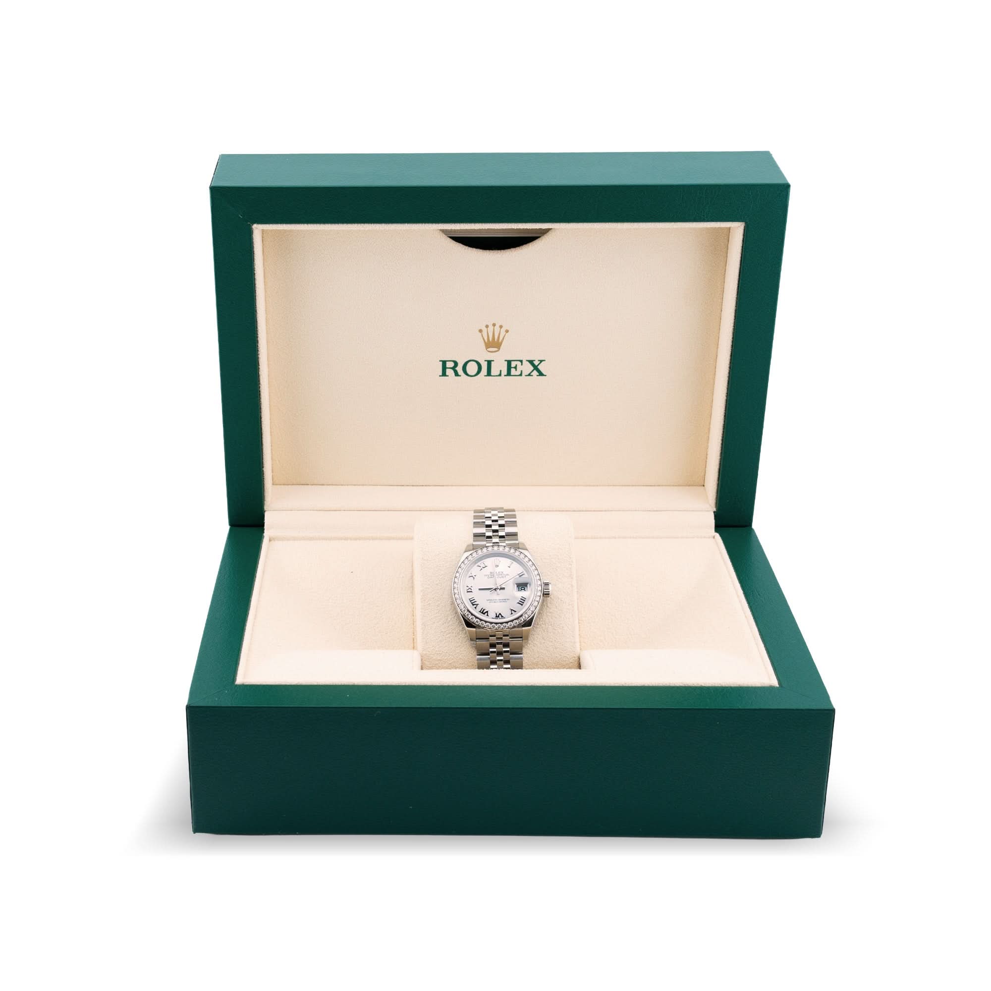 Pre-Owned Rolex Lady-Datejust 28mm Diamond Bezel Silver Roman Dial - Skeie's Jewelers