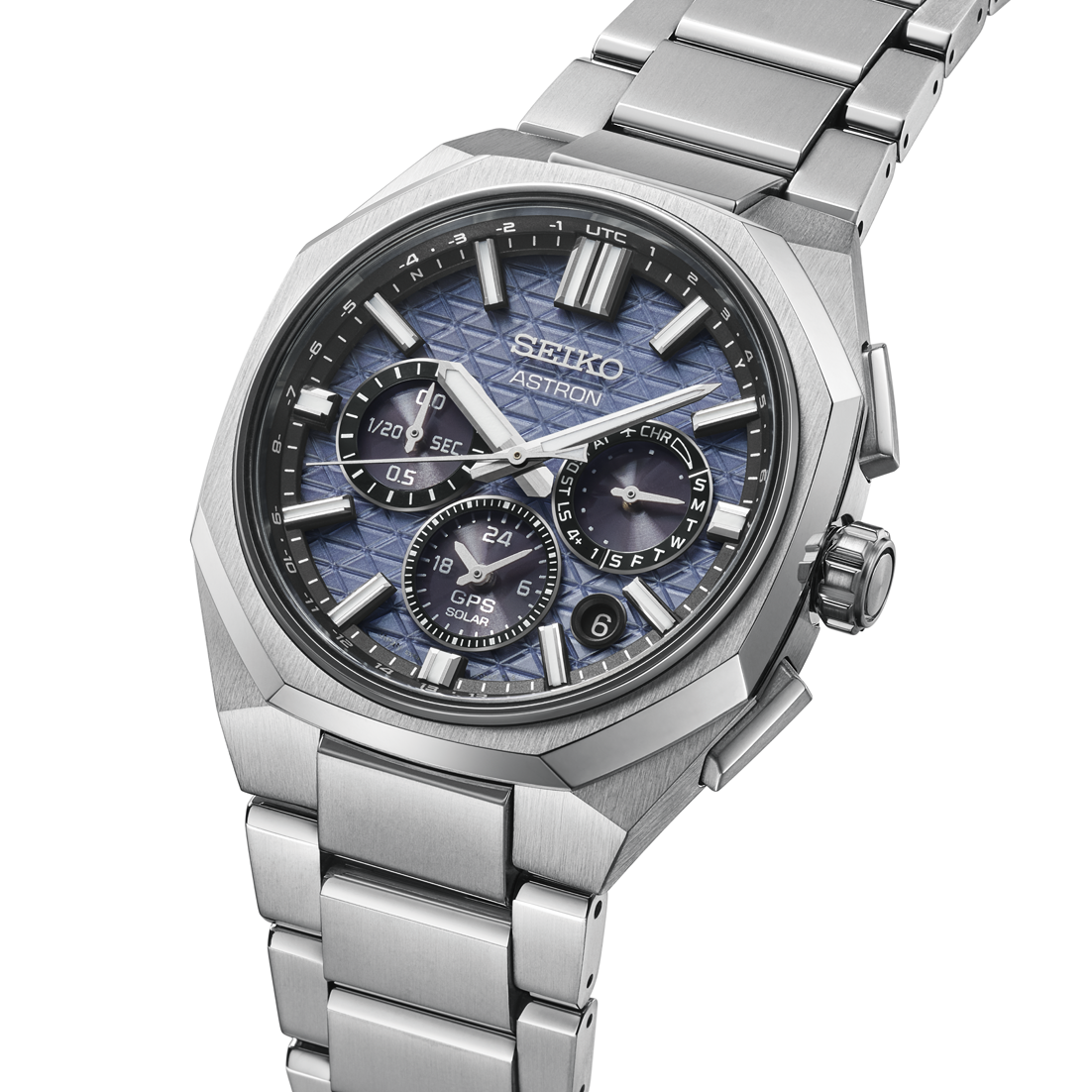 Seiko Astron watch with silver metal bracelet on a white background- angled