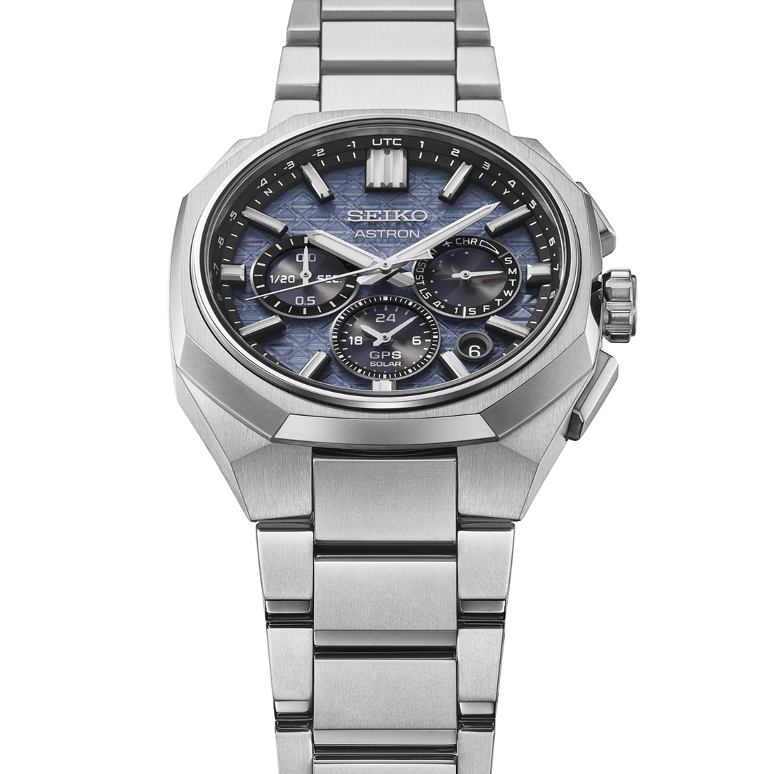 Silver Seiko watch with a blue face on a white background