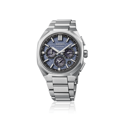 Silver Seiko watch with a blue face on a white background facing