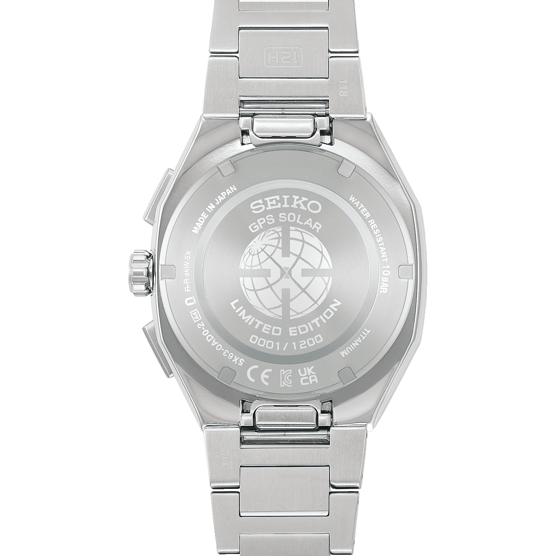 Silver Seiko watch with detailed back design on a white background