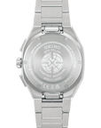 Silver Seiko watch with detailed back design on a white background