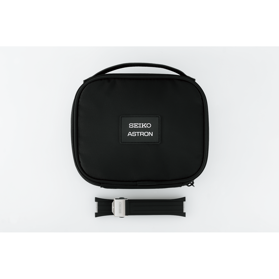Black carrying case with Seiko Astron logo on a white background