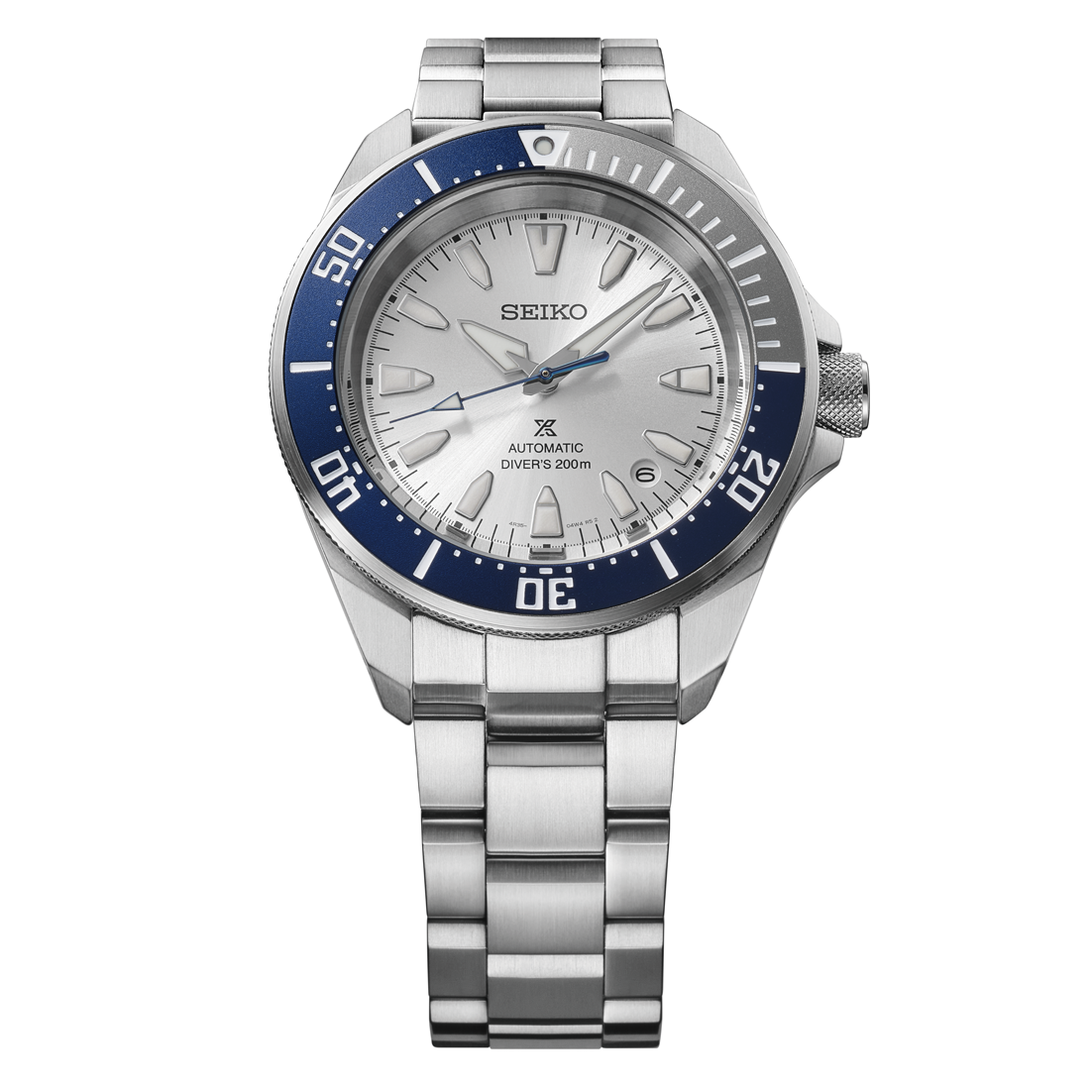 A front  closer view of the Seiko Prospex 145th Anniversary Limited Edition watch HBB001 showcasing a sharp stainless steel case, a silver-white dial with a date window, a two-tone unidirectional bezel with blue accents, a blue seconds hand, and a solid stainless steel link bracelet on a white background.