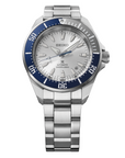 A front  closer view of the Seiko Prospex 145th Anniversary Limited Edition watch HBB001 showcasing a sharp stainless steel case, a silver-white dial with a date window, a two-tone unidirectional bezel with blue accents, a blue seconds hand, and a solid stainless steel link bracelet on a white background.