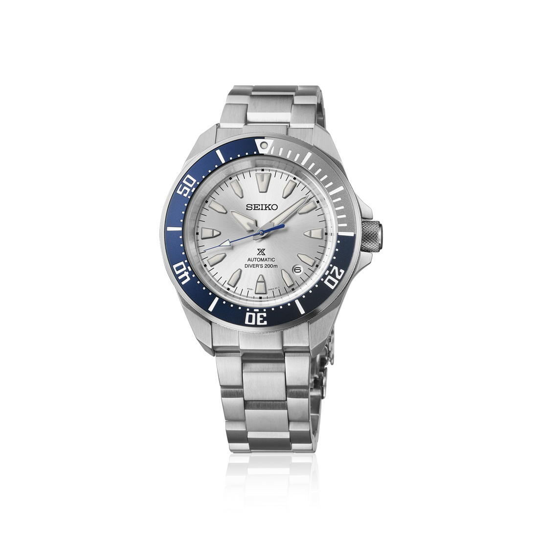 A front view of the Seiko Prospex 145th Anniversary Limited Edition watch HBB001 showcasing a sharp stainless steel case, a silver-white dial with a date window, a two-tone unidirectional bezel with blue accents, a blue seconds hand, and a solid stainless steel link bracelet on a white background.