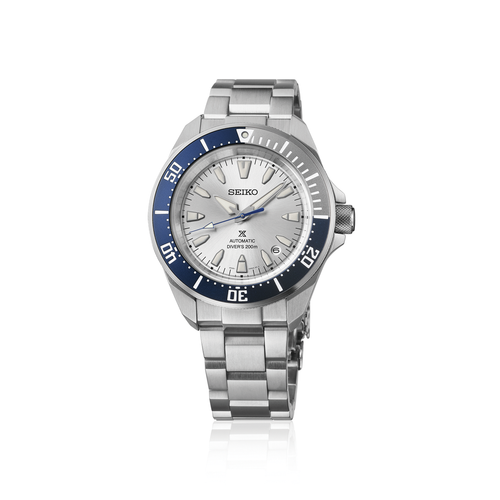 A front view of the Seiko Prospex 145th Anniversary Limited Edition watch HBB001 showcasing a sharp stainless steel case, a silver-white dial with a date window, a two-tone unidirectional bezel with blue accents, a blue seconds hand, and a solid stainless steel link bracelet on a white background.
