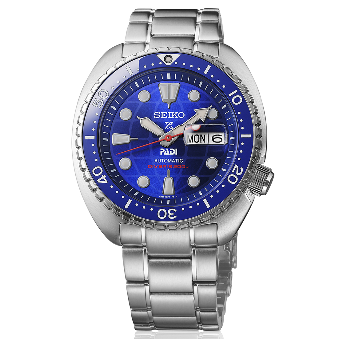 Seiko watch with blue dial and silver metal strap on a white background