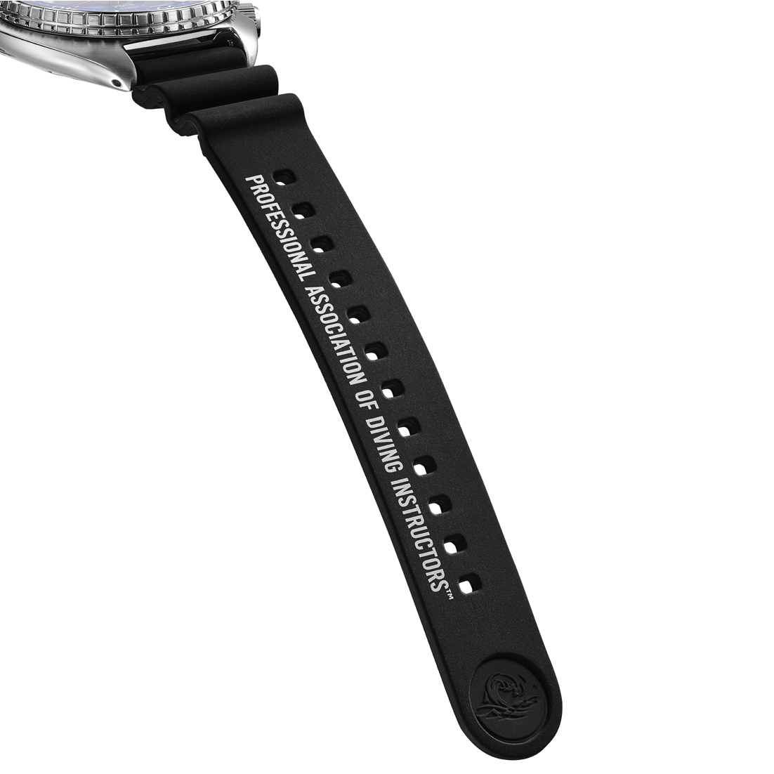 Black watch strap with 'Professional Association of Diving Instructors' text on a white background