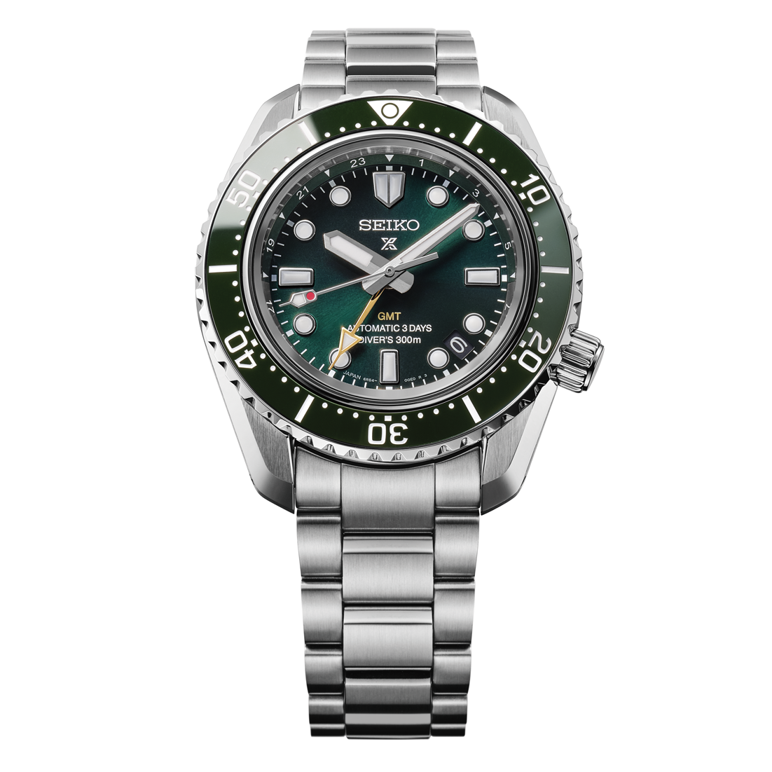 A Seiko Prospex 1968 Heritage Diver's GMT HBC001J1 automatic watch, featuring a 42mm stainless steel case, a glossy green ceramic elapsed-time bezel, a matching pacific green dial with large luminous markers, a gold-tone GMT hand, and a steel link bracelet.