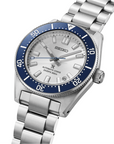 seiko prospex silvery white dial and blue bezel close up at an angle