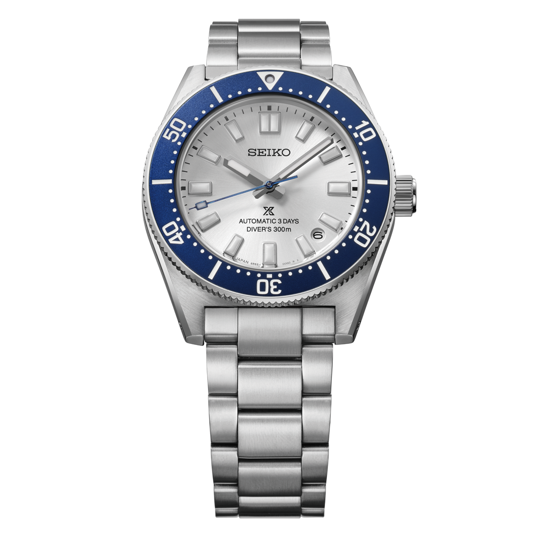 Seiko HBC005 with silver silvery white dial and blue bezel slightly tilted
