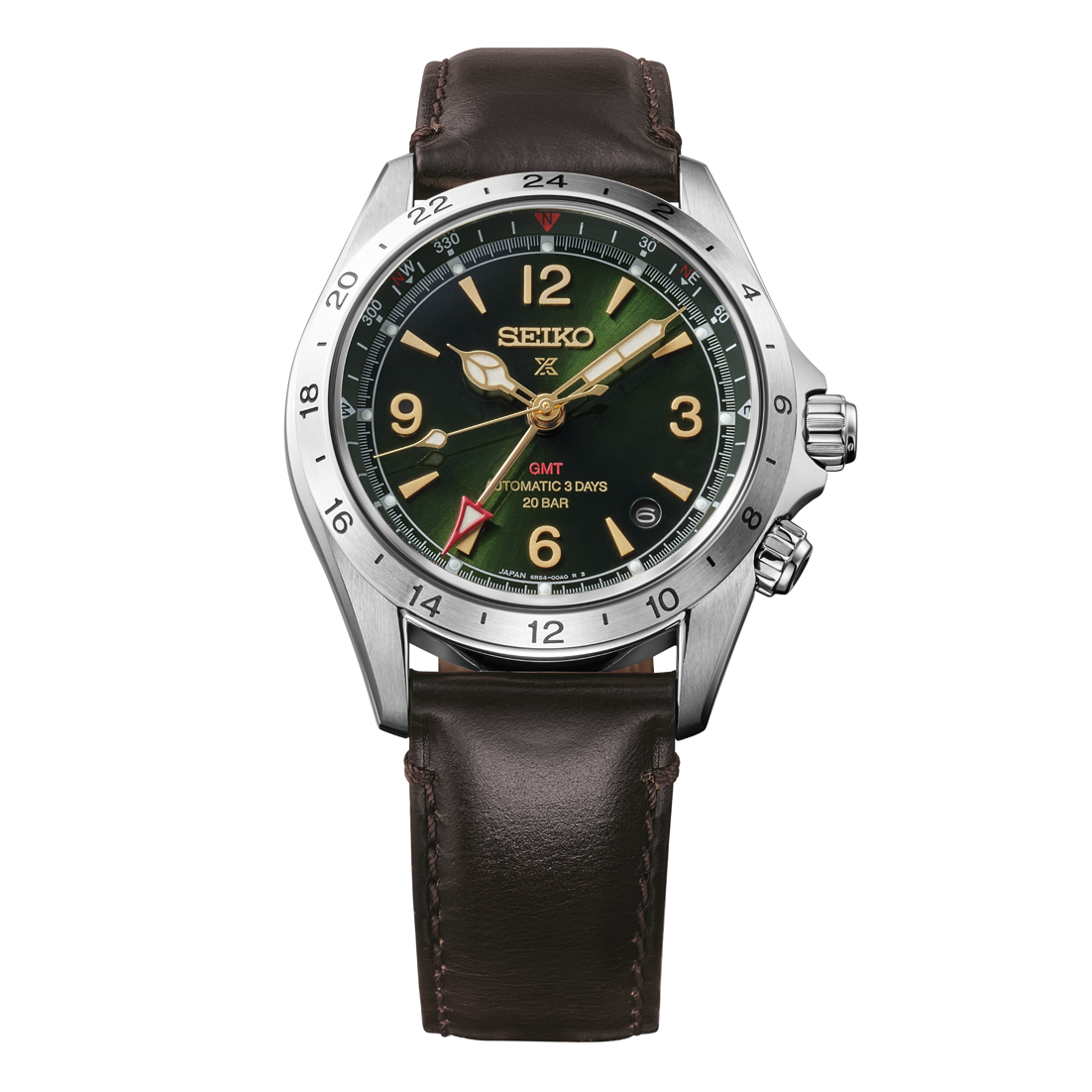 Seiko watch with brown leather strap and green dial on white background- Facing