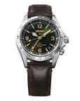 Seiko watch with brown leather strap and green dial on white background- Facing