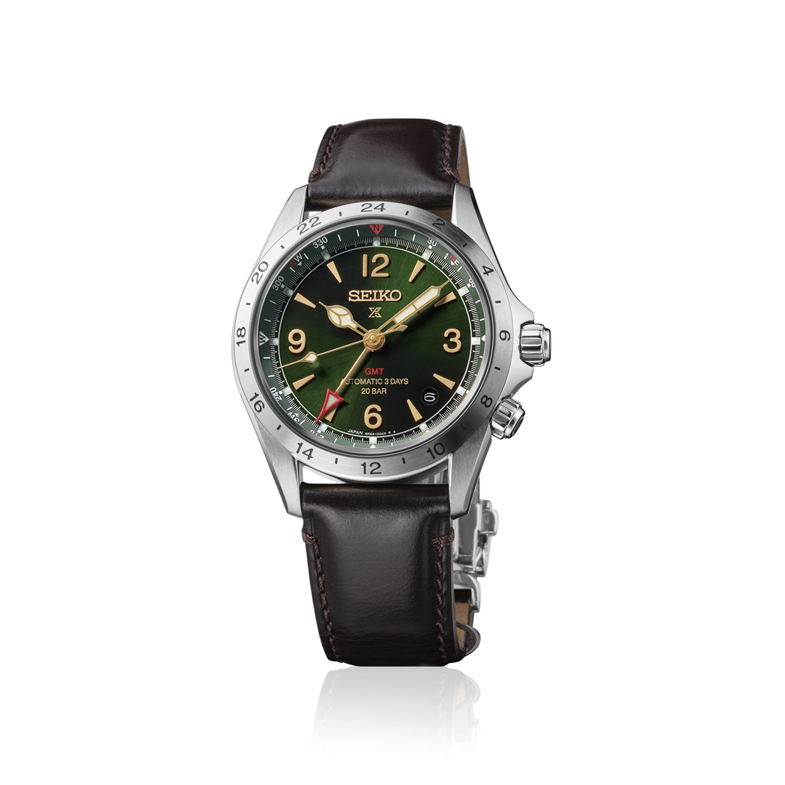 SEIKO Watch with green dial and Brown leather strap on a white background