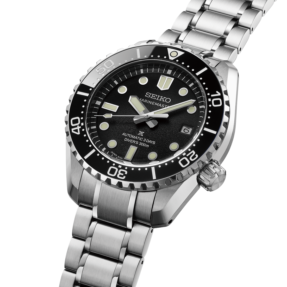 Seiko watch with black dial and silver metal bracelet on a white background angled