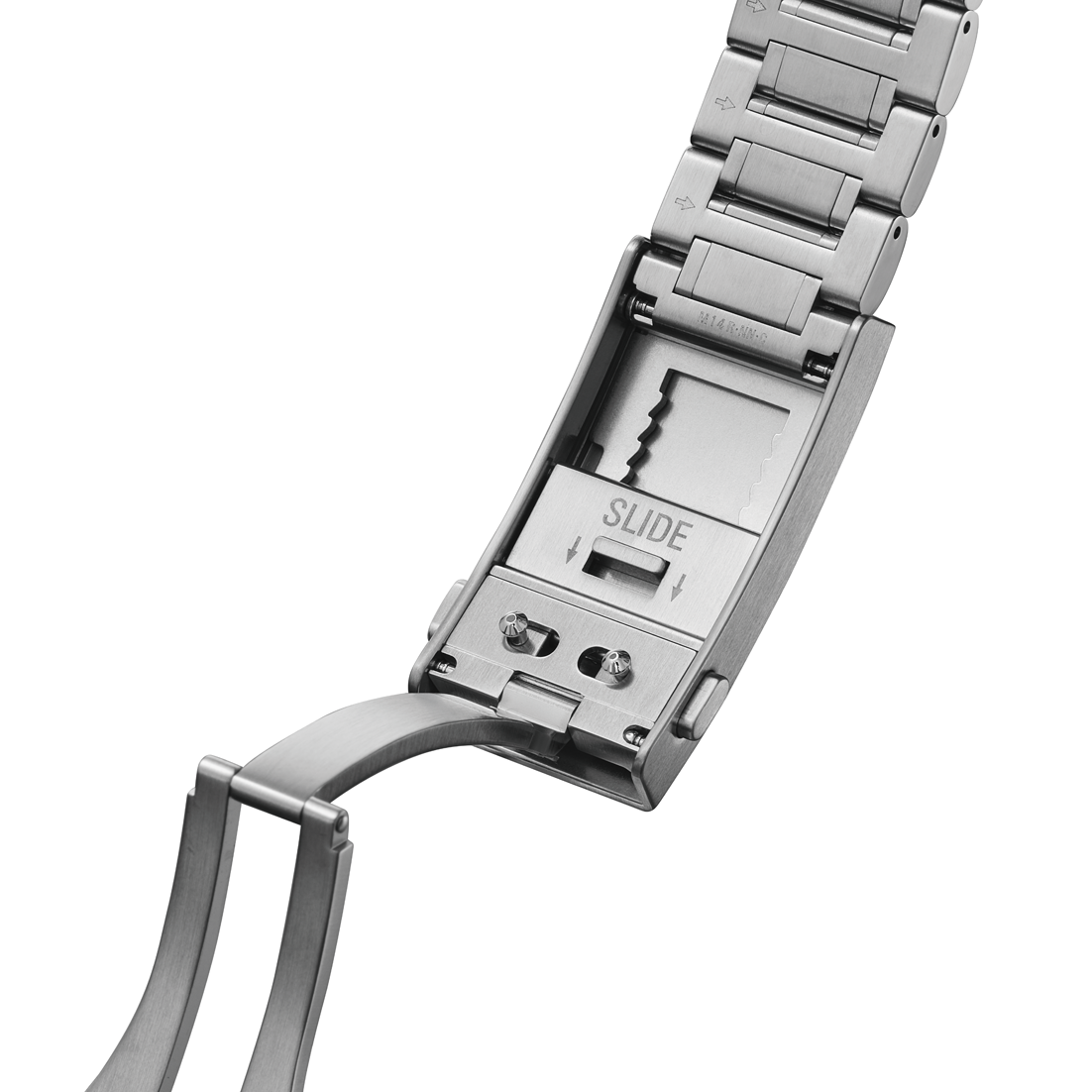 Close-up of a silver watch strap mechanism on a white background
