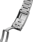 Close-up of a silver watch strap mechanism on a white background