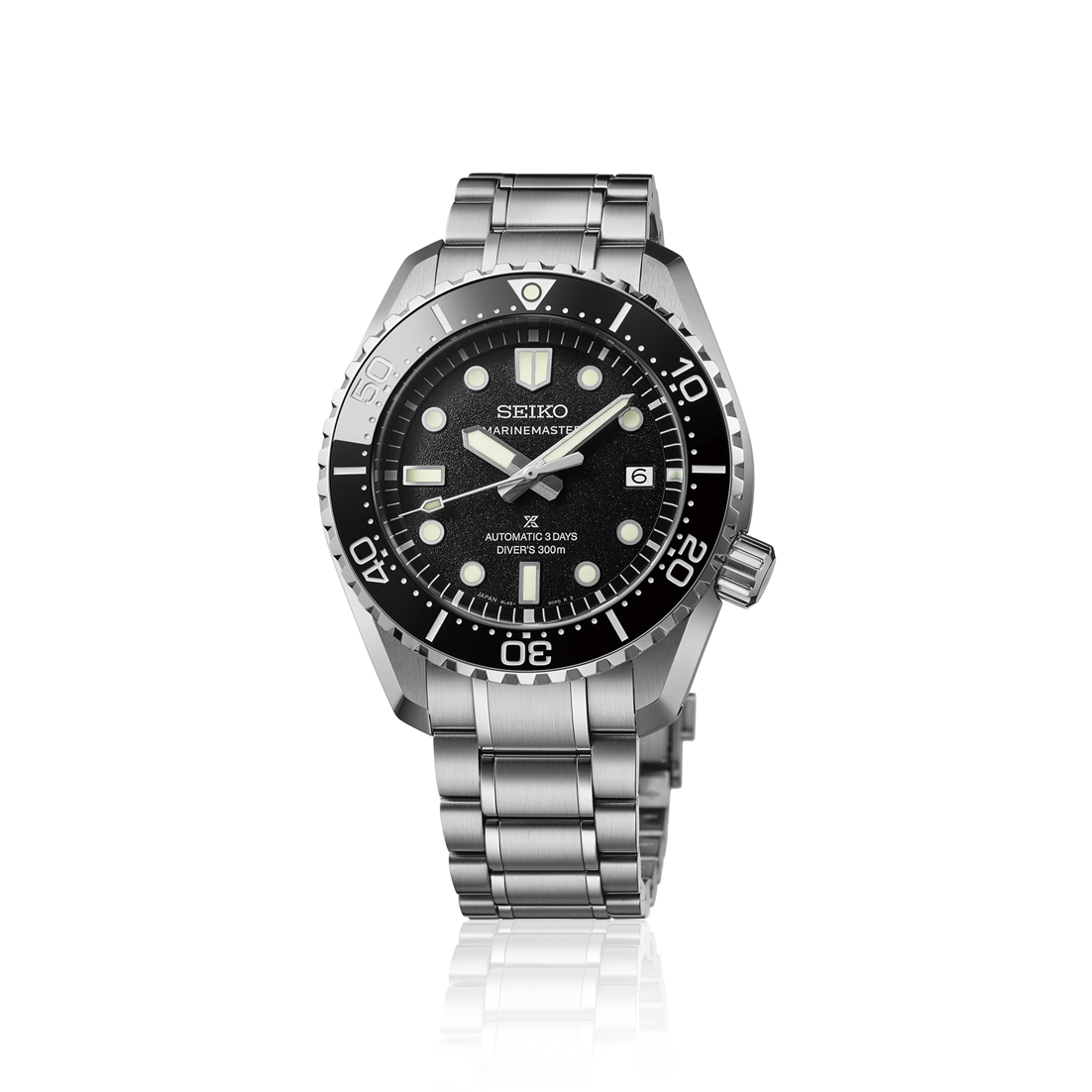 Seiko watch with black dial and silver metal bracelet on a white background