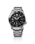 Seiko watch with black dial and silver metal bracelet on a white background