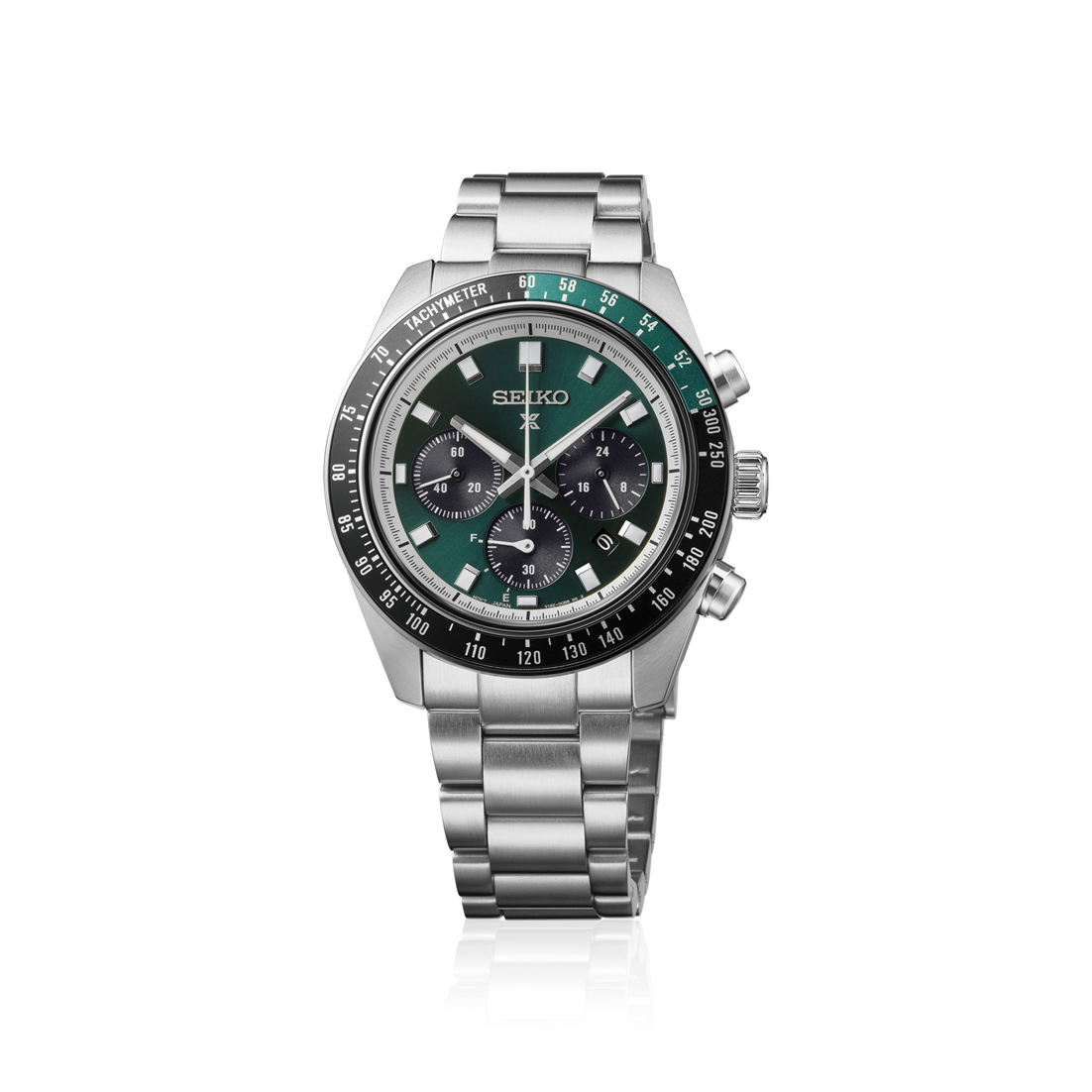 A Seiko stainless steel chronograph watch with a green dial and a black bezel featuring a green 24-hour marker ring, shown on a clean white background.