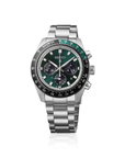 A Seiko stainless steel chronograph watch with a green dial and a black bezel featuring a green 24-hour marker ring, shown on a clean white background.