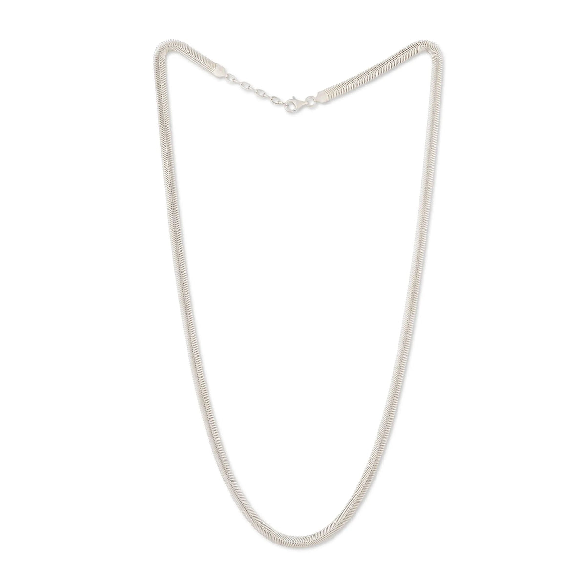 A silver herringbone chain necklace with a lobster clasp, displayed on a clean white background.
