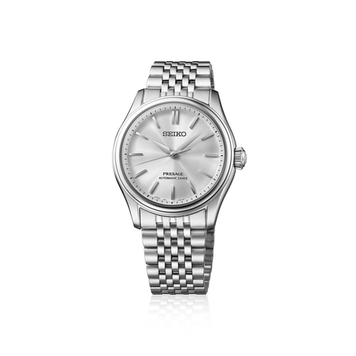 Silver Seiko watch with a metallic band on a white background