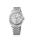 Silver Seiko watch with a metallic band on a white background